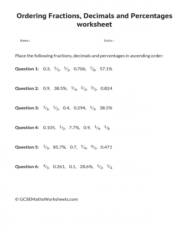 6th Grade Math Fractions Decimals Percents Worksheets Printable Math