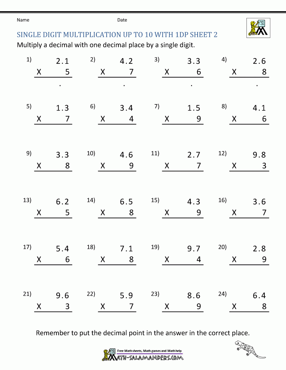 6Th Grade Multiplication Decimals Worksheets Adding And Subtracting 