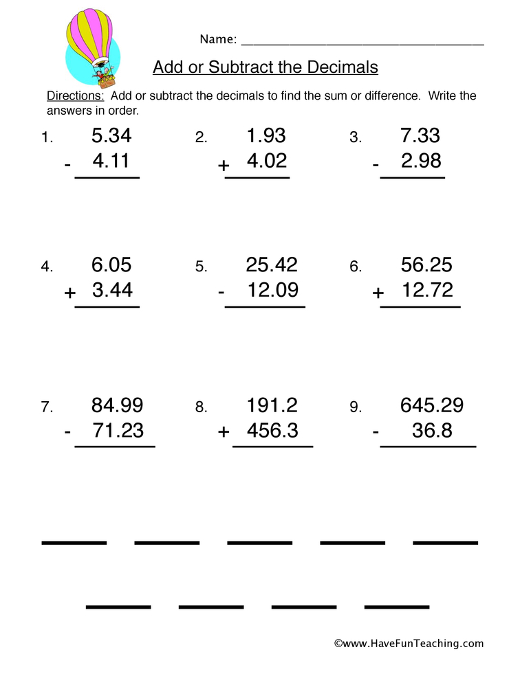 Add Subtract Decimals Worksheet Have Fun Teaching