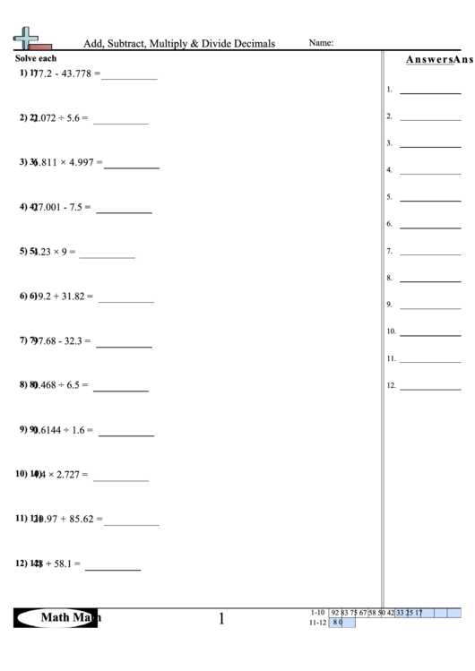 Add Subtract Multiply Decimals Worksheet Decimal Worksheets