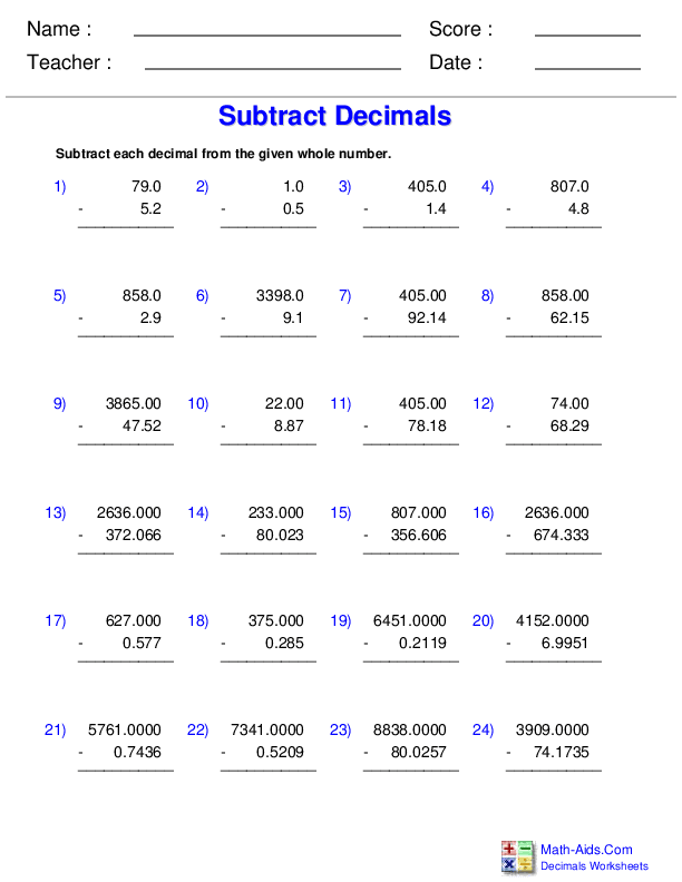 Add Subtract Multiply Divide Decimals Worksheets Worksheets Key