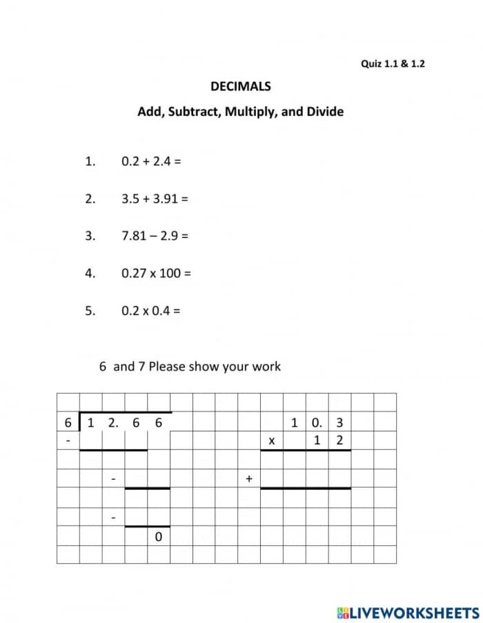 Add Subtract Multiply Or Divide Two Decimals Seventh Grade Math 