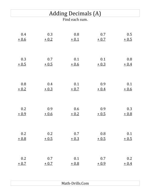 Adding Decimal Tenths With 0 Before The Decimal range 0 1 To 0 9 A 