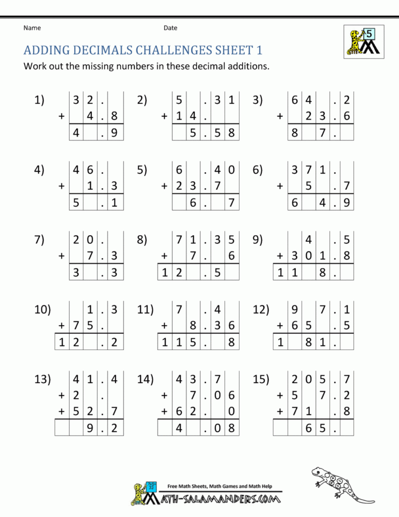 Adding Decimals Worksheet 5th Grade