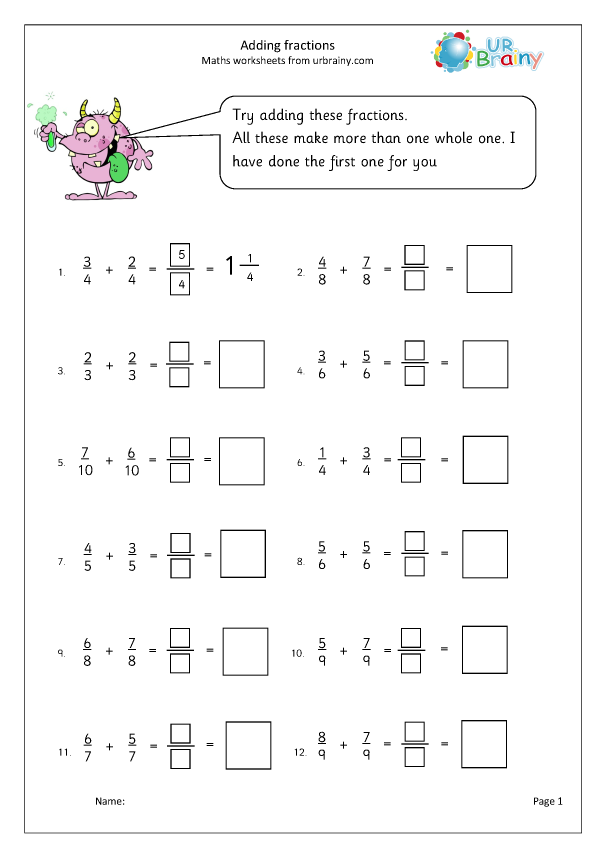 Adding Fractions 2 Fraction And Decimal Worksheets For Year 4 age