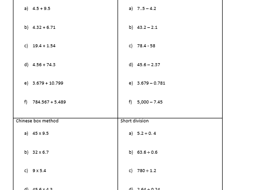 Adding Subtracting Multiplying And Dividing Decimals Homework 