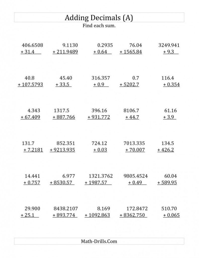 Adding Subtracting Multiplying And Dividing Decimals Printable 