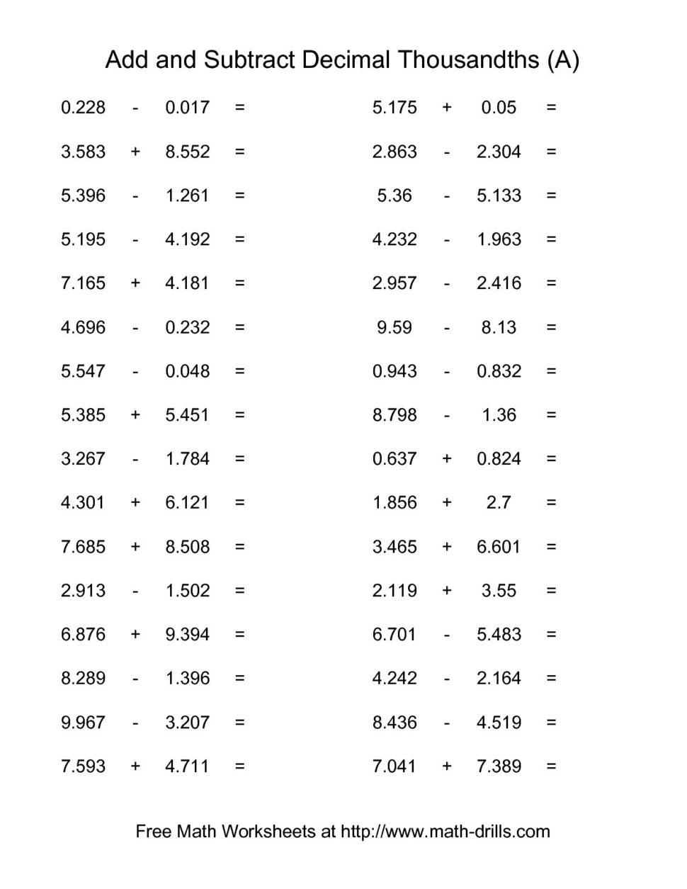 Adding Subtracting Multiplying And Dividing Decimals Worksheets