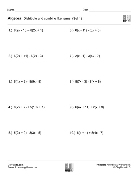 Algebra Distribute Combine Like Terms Set 1 Homeschool Books 