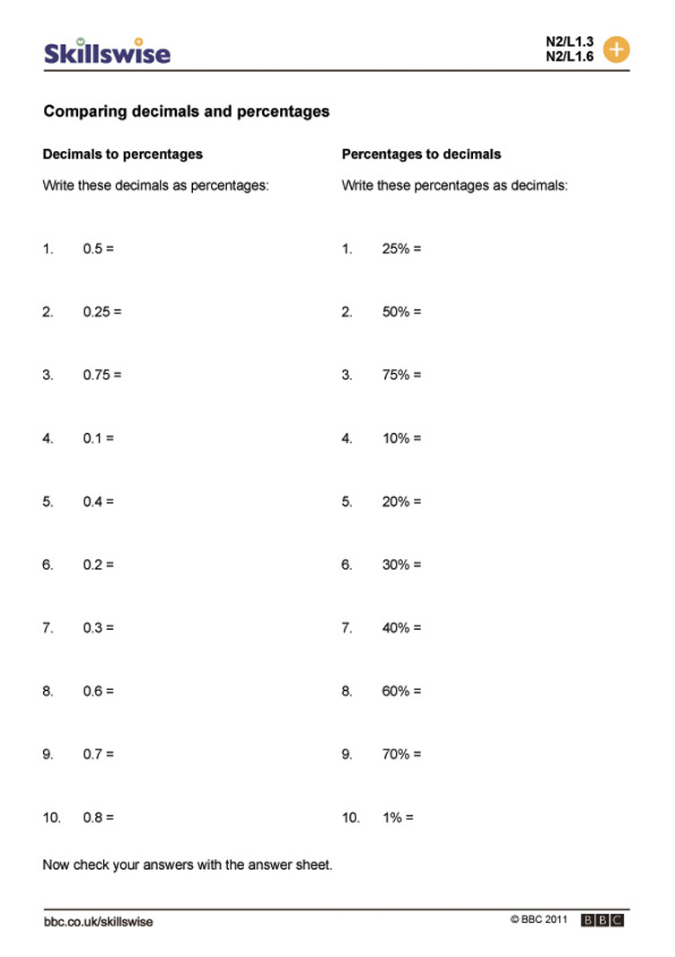 Comparing Decimals And Percentages