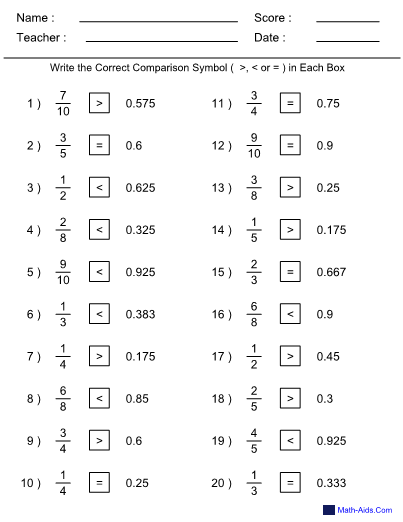 Comparing Fractions Decimals Worksheet