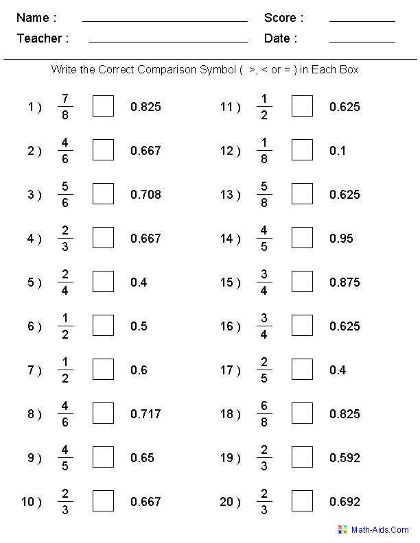 Comparing Fractions Decimals Worksheets Fractions Worksheets 