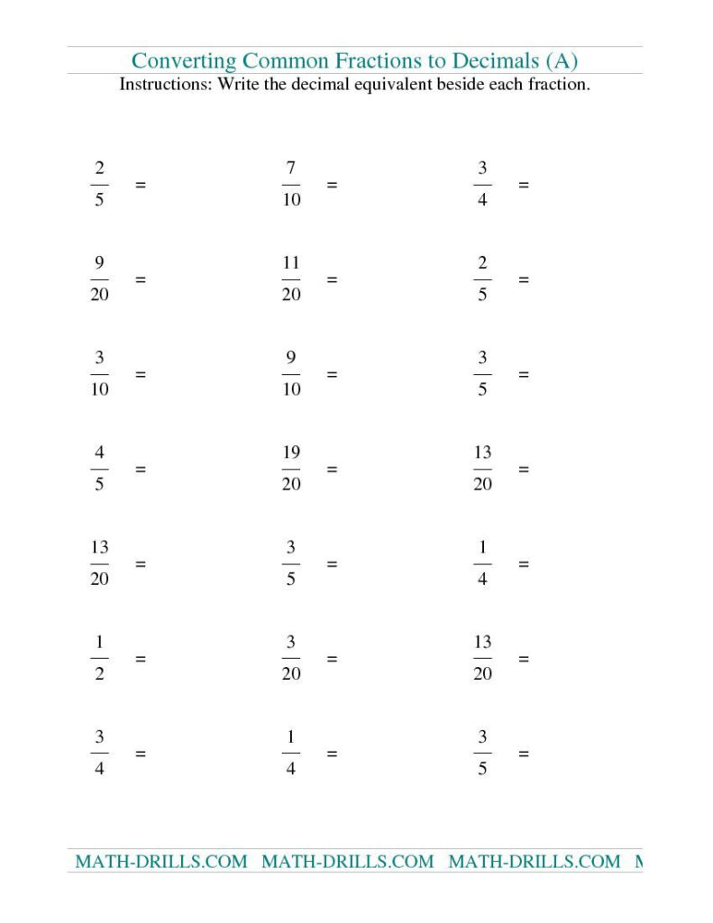 Convert Fractions To Decimals A Decimals Worksheets Fractions To 