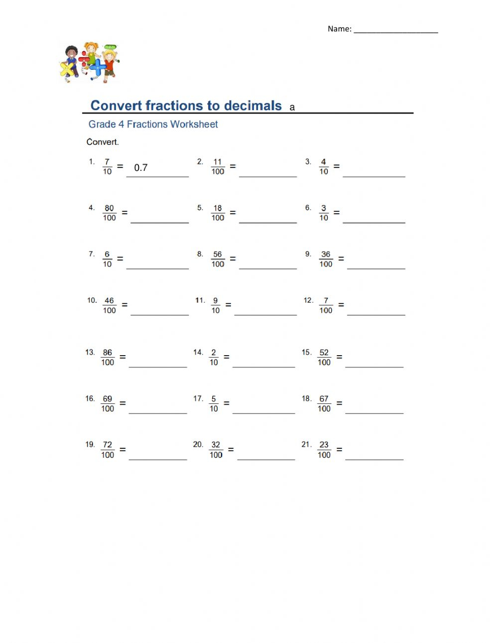 Convert Fractions To Decimals Interactive Worksheet