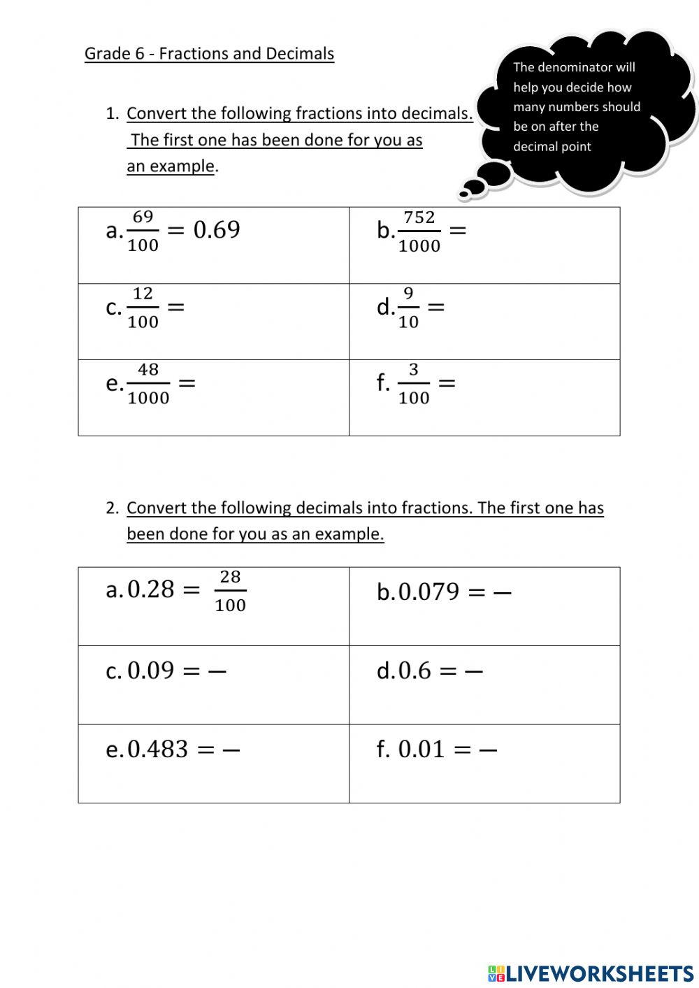 Converting Between Fractions And Decimals Worksheet