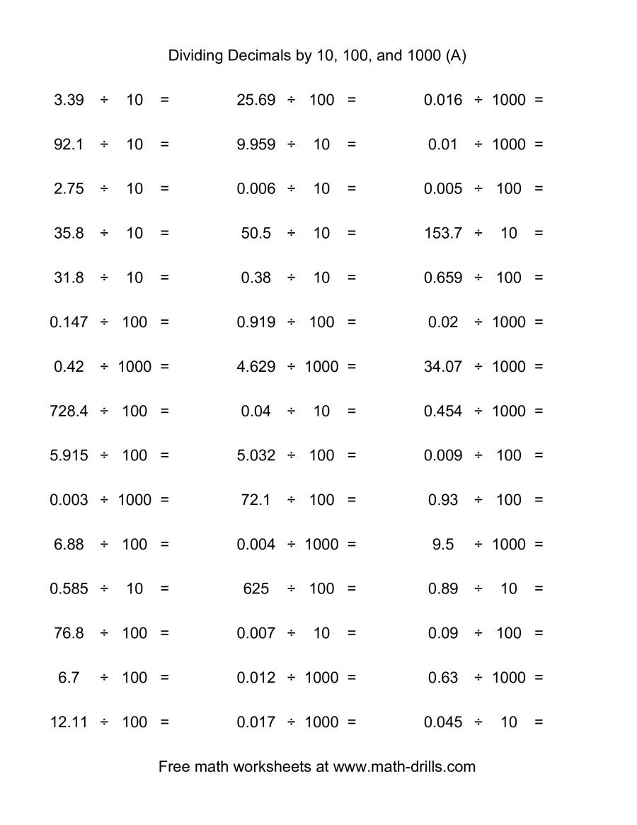 Decimal Divided By 10 100 Or 1000 horizontal 45 Per Page A 