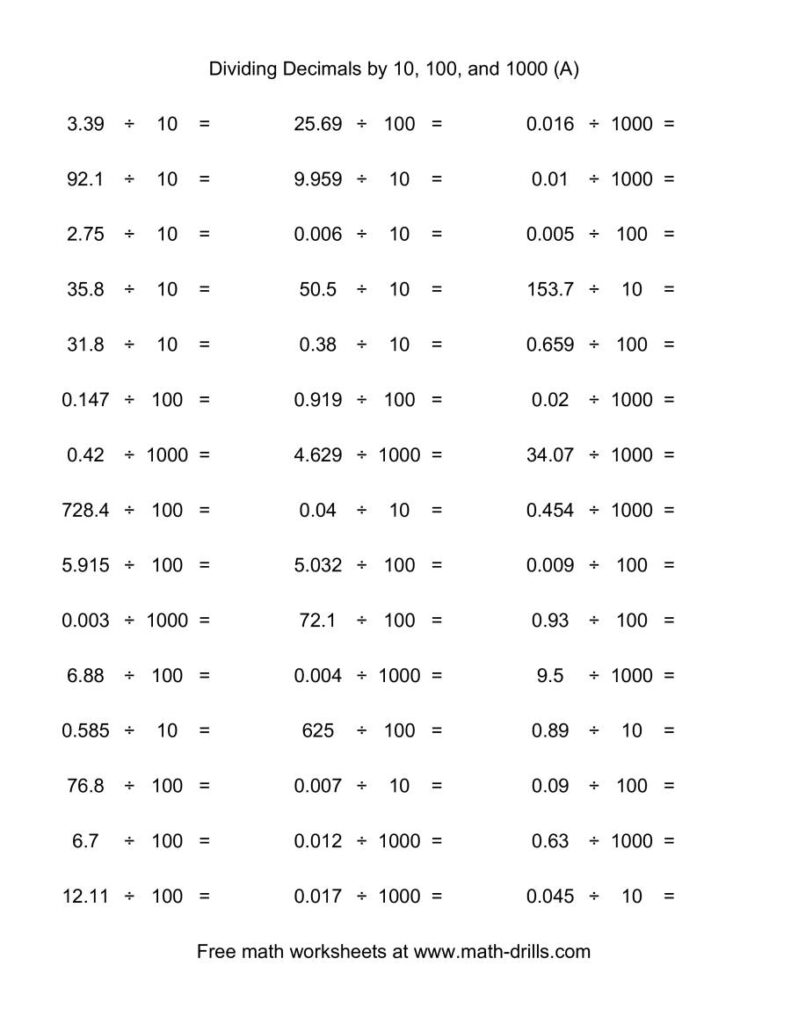 Decimal Divided By 10 100 Or 1000 horizontal 45 Per Page A 