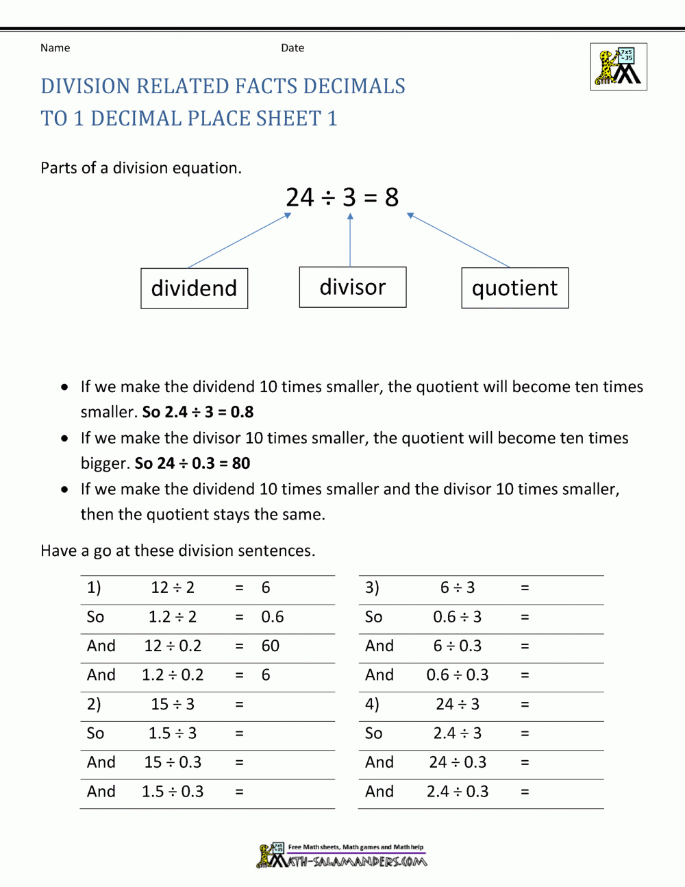 Decimal Division Worksheets