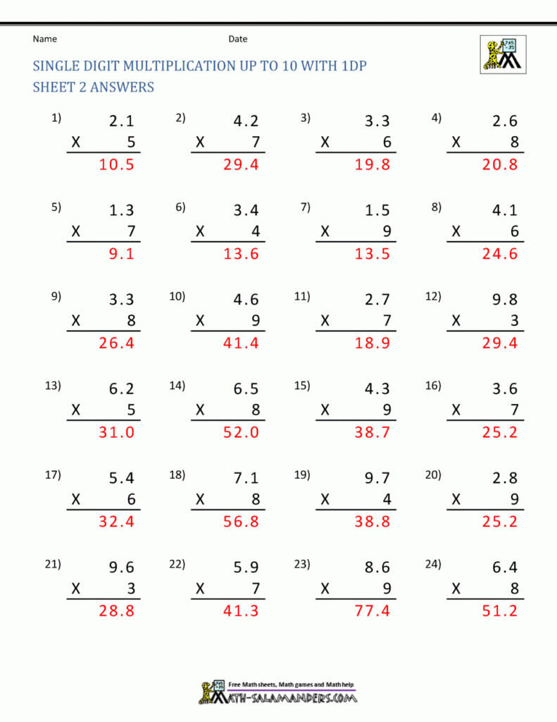 Decimal Multiplication Worksheets 5th Grade