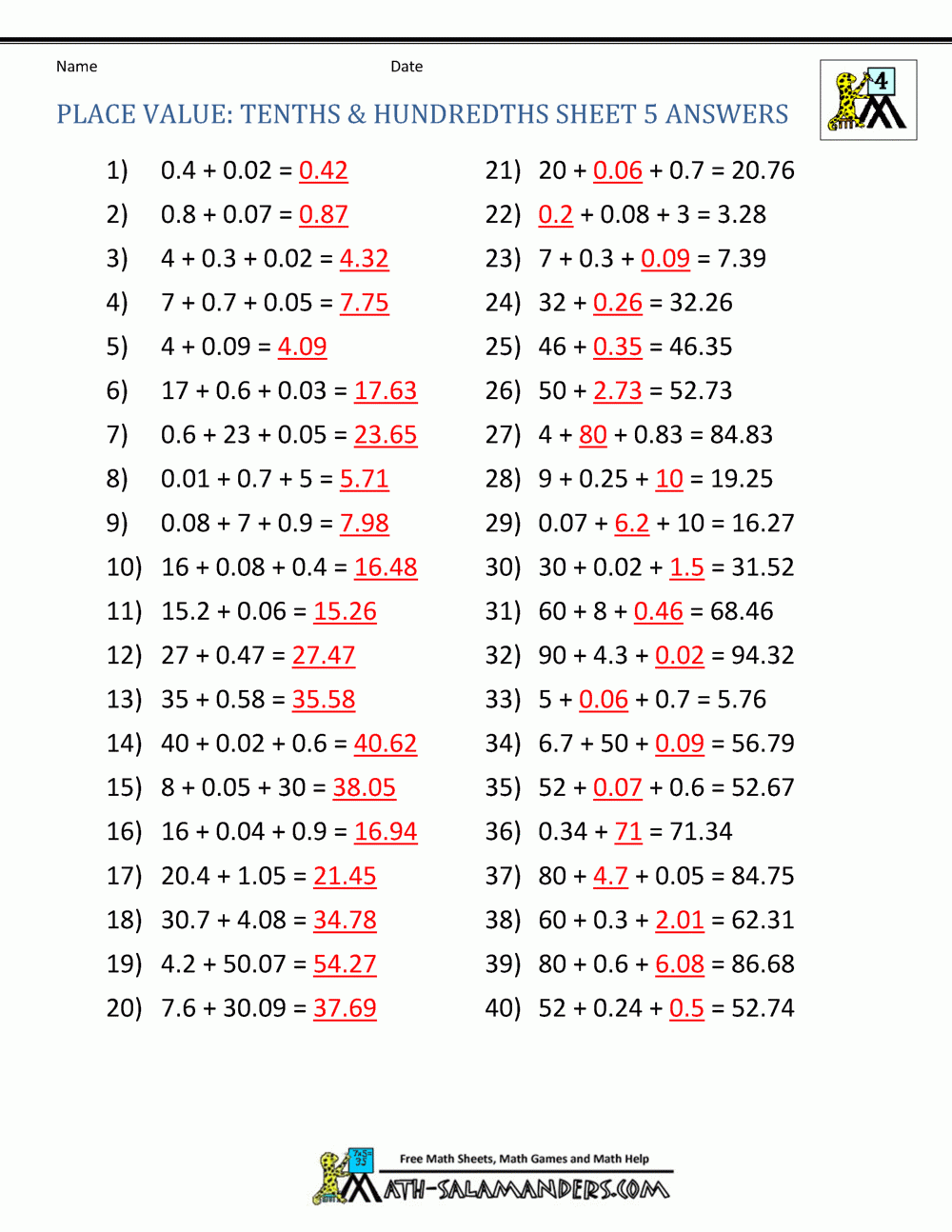 Decimal Place Value Worksheets 4th Grade