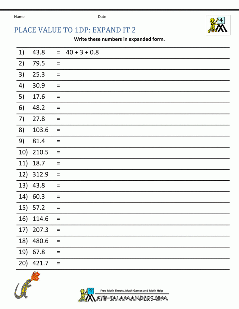 Decimal Place Value Worksheets 4th Grade