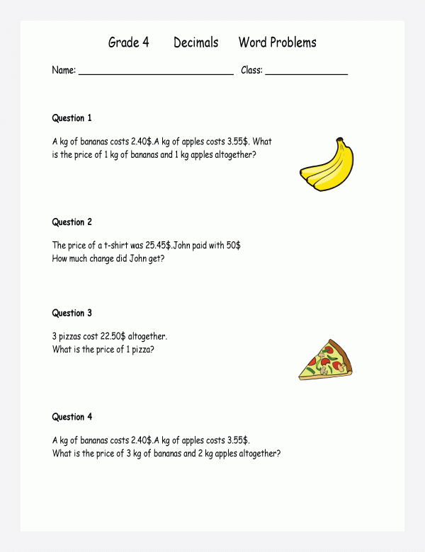 Decimal Word Problems Grade 4 Favorite Worksheet