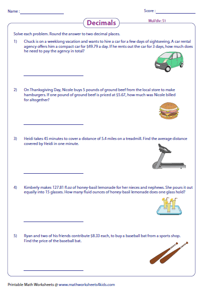 Decimal Word Problems Worksheets