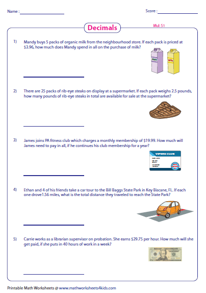 Decimal Word Problems Worksheets