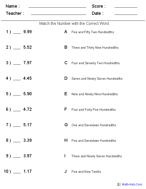 Decimal Worksheets 4th Grade Free Best Worksheet