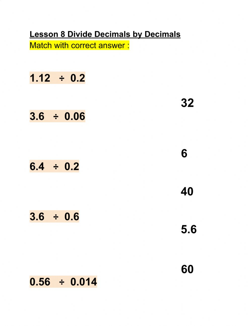 Divide Decimals By Decimals Exercise