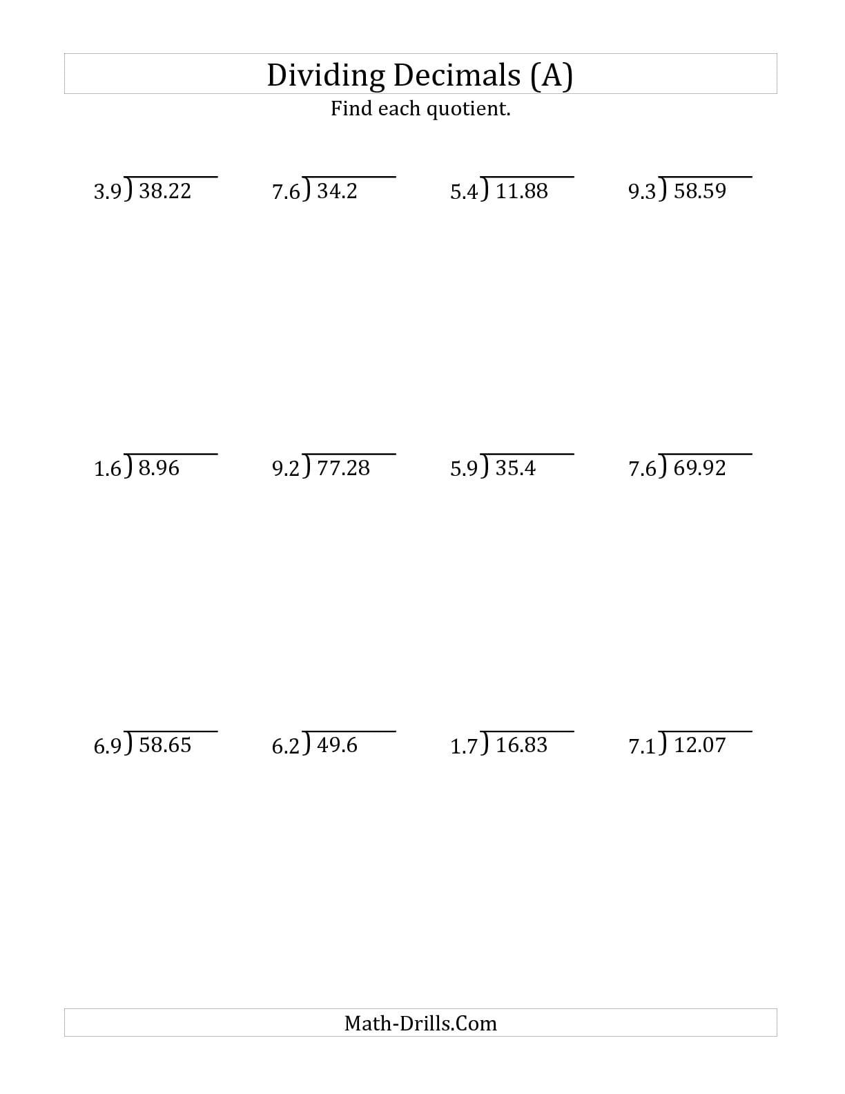 Divide Decimals By Decimals Worksheets