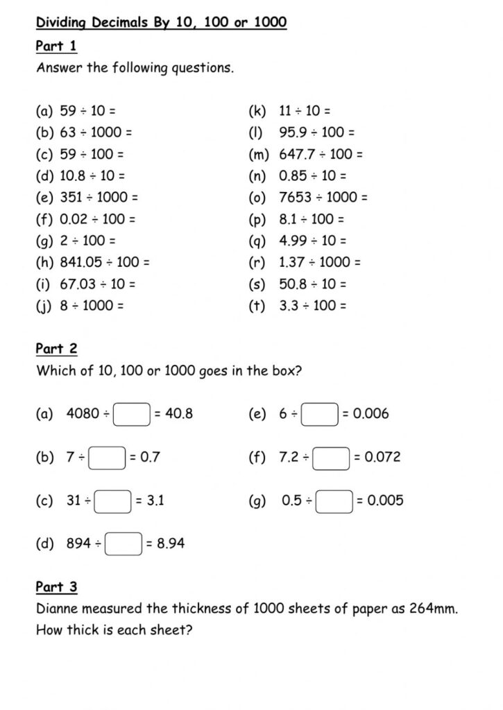Dividing Decimals By 10 Worksheets Arthur Hurst s English Worksheets