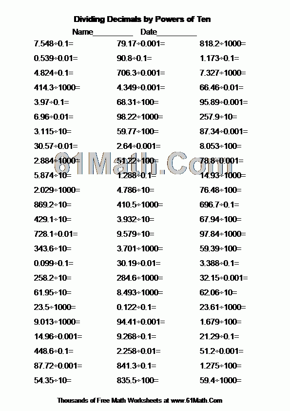 Dividing Decimals By Powers Of Ten Create Your Own Math Worksheets