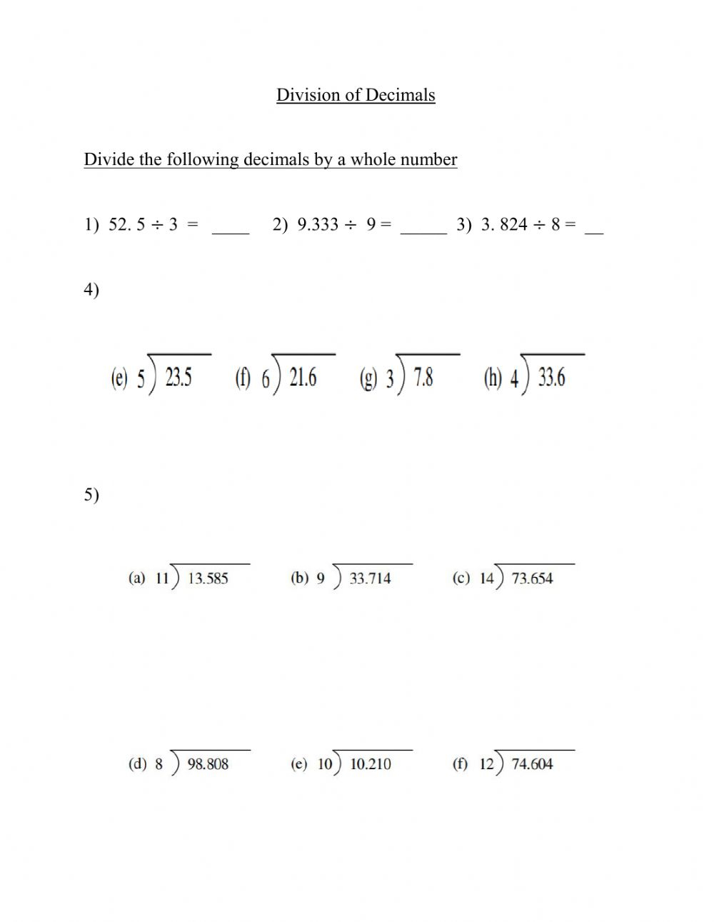 Dividing Decimals By Whole Numbers Interactive Worksheet