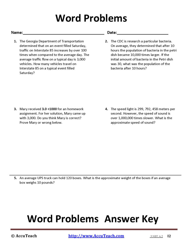 Dividing Decimals By Whole Numbers Word Problems Worksheet Pdf