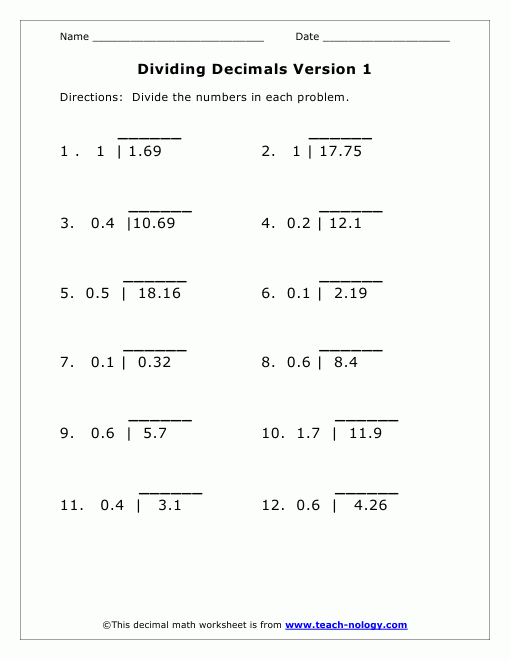 Dividing Decimals Vertically Version 1