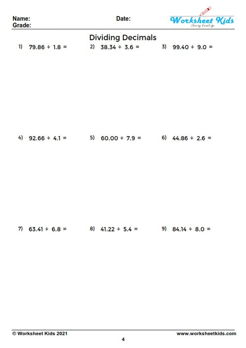 Dividing Decimals Worksheet For 5th And 6th Grade Free Printable PDF