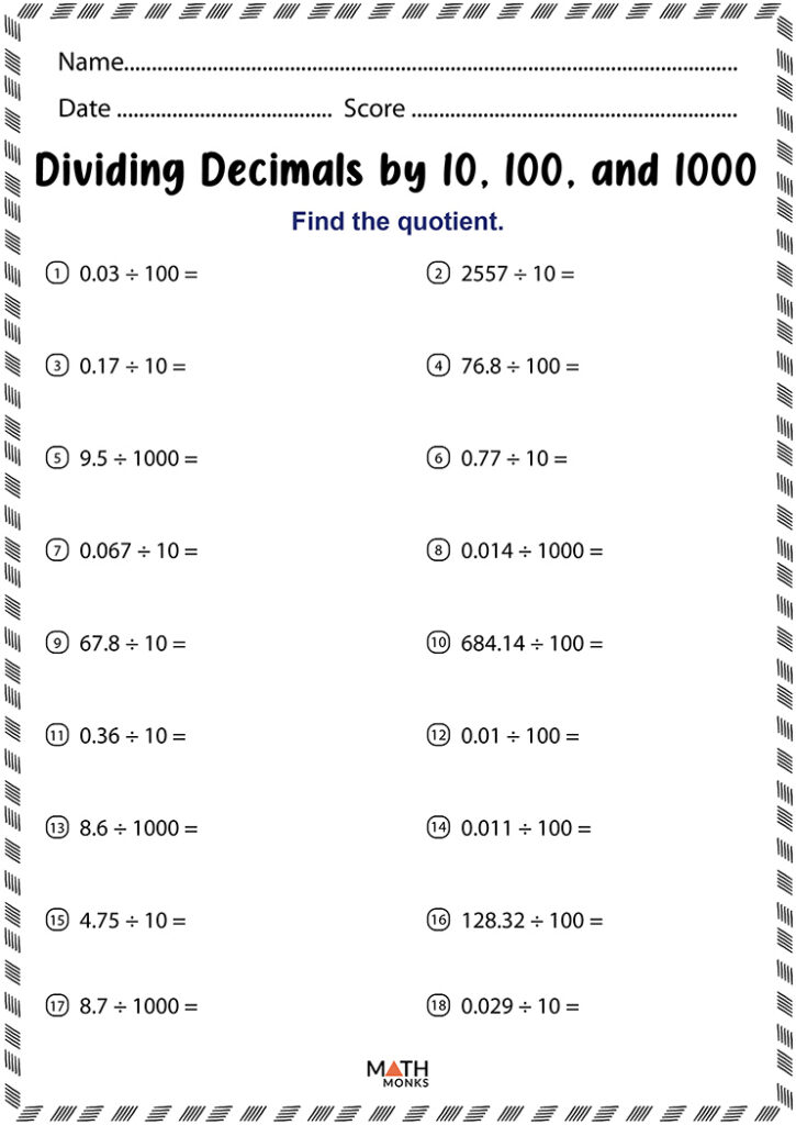 Dividing Decimals Worksheets Math Monks