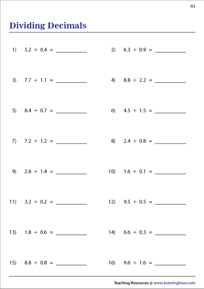 Dividing Decimals Worksheets