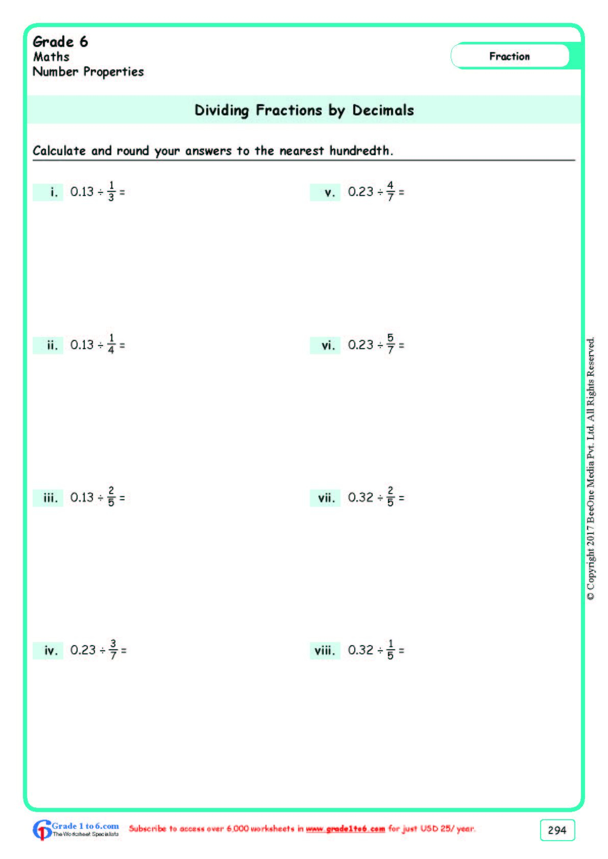 Dividing Fractions By Decimals Grade 6 Math Worksheet Grade 6 Math 