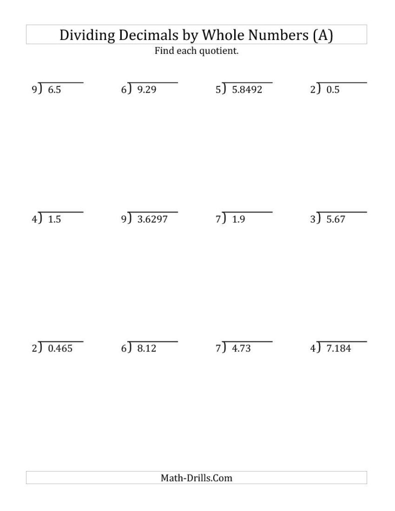 Dividing Various Decimal Places By A Whole Number A Math Worksheet