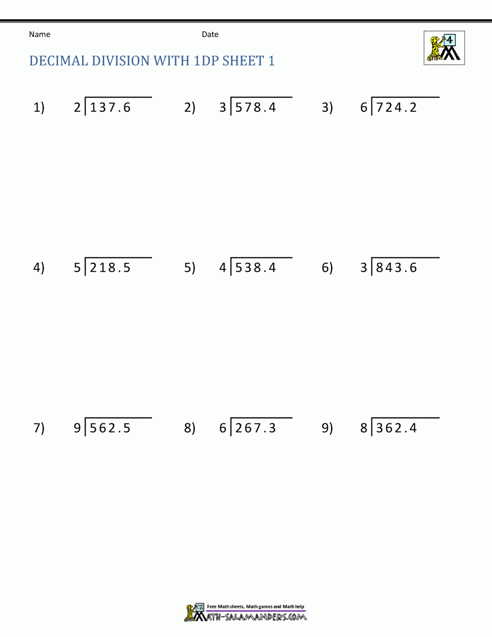 Division Of Decimal Numbers Worksheets