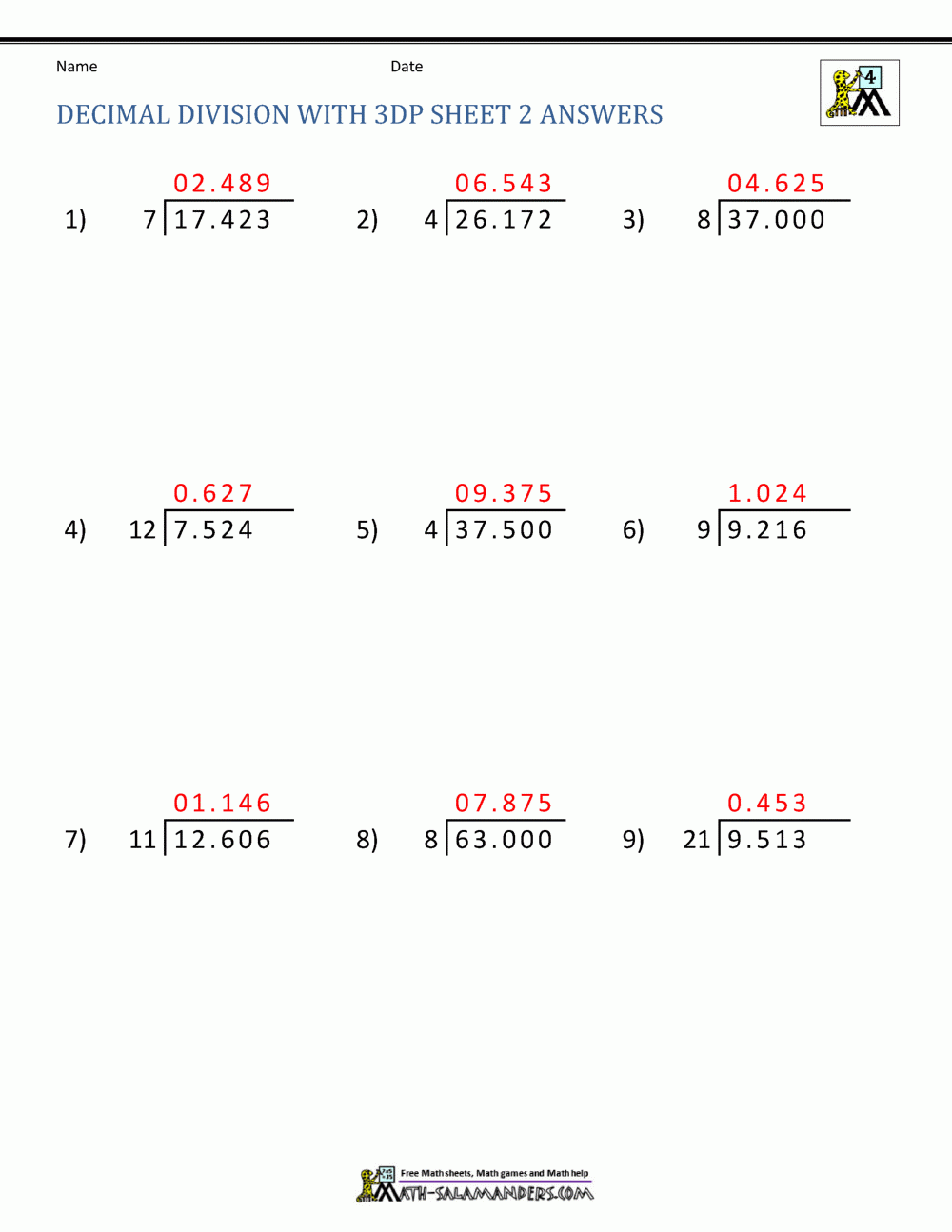 Division Of Decimal Numbers Worksheets