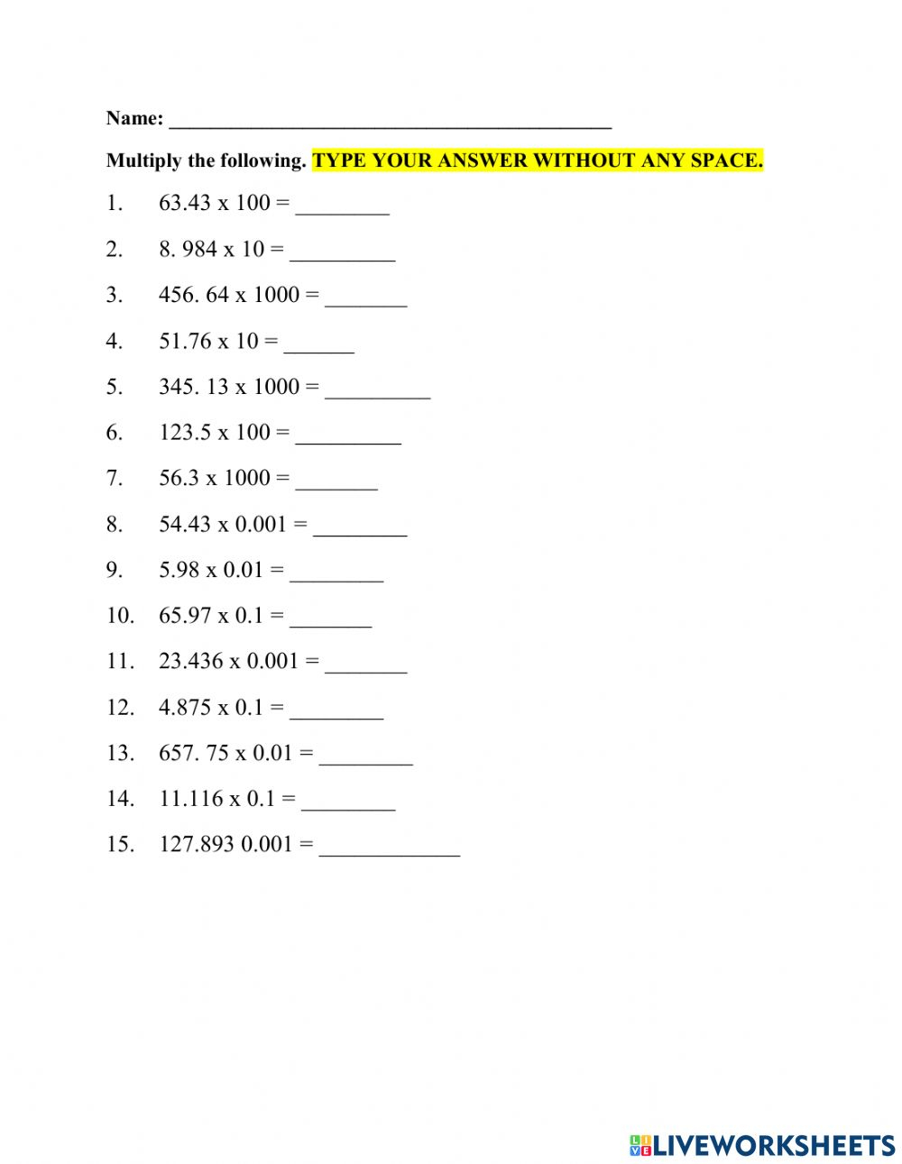 Ejercicio De Multiplying Decimals 10 100 100 0 1 0 01 0 001