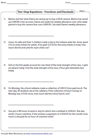 Equation Word Problems Worksheets