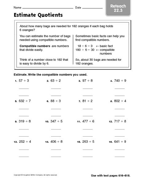 Estimate Quotients Reteach 22 3 Worksheet 5th Grade Worksheets Math 