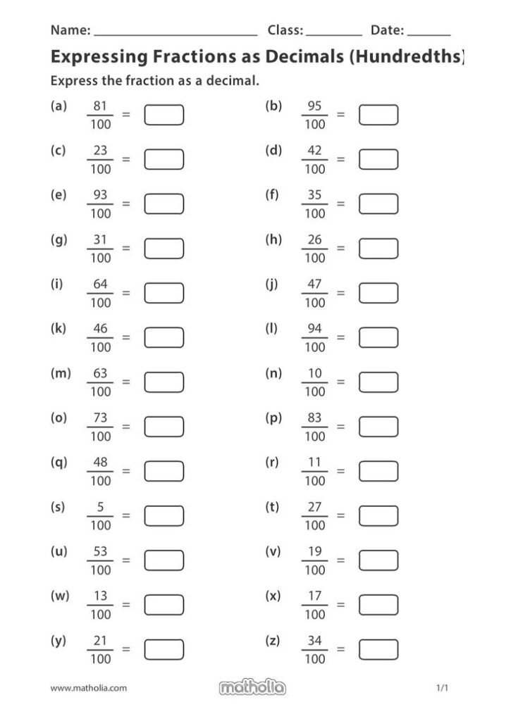 Expressing Fractions As Decimals Hundredths Decimals Worksheets 