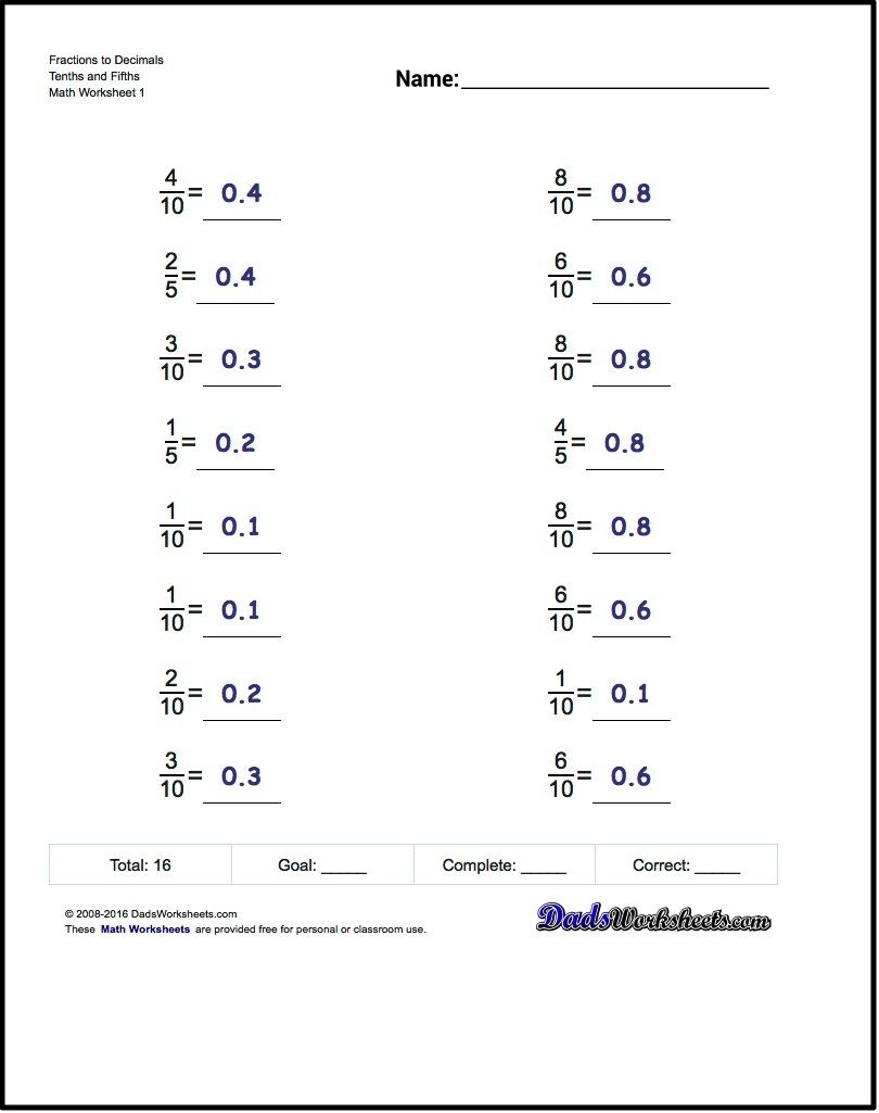 Fractions As Decimals For Fractions To Decimals Tenths And Fifths 