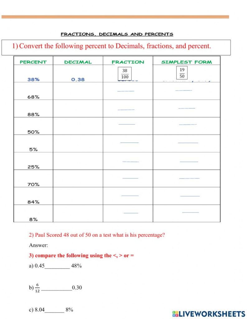 Fractions Decimals Percent Review Worksheet