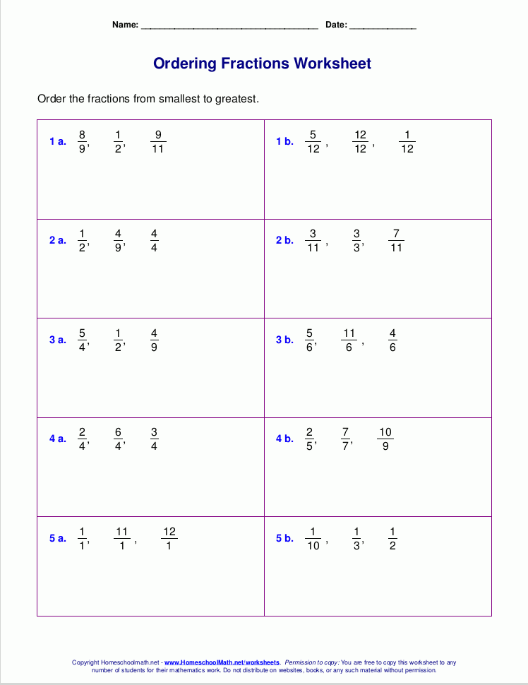 Free Worksheets For Comparing Or Ordering Fractions